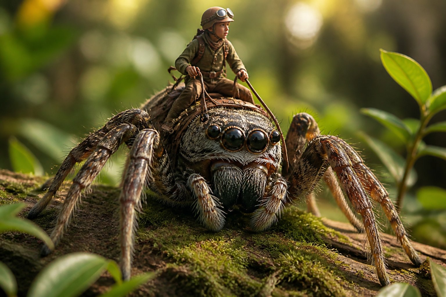A tiny human figure riding on the back of a large spider in a natural outdoor setting with greenery.