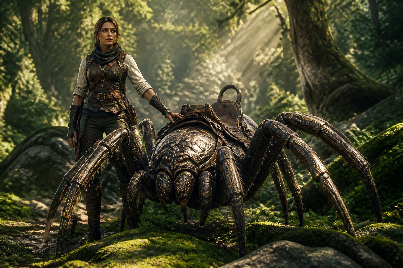 A person standing next to a large spider in a sunlit forest, preparing to ride it.