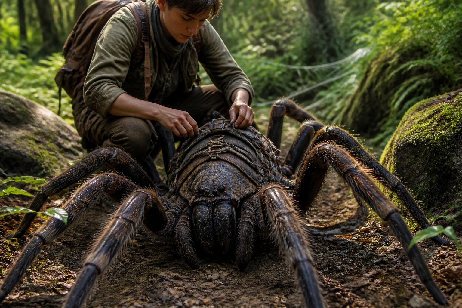 A person outdoors preparing a large spider for riding by adjusting a harness on its back.