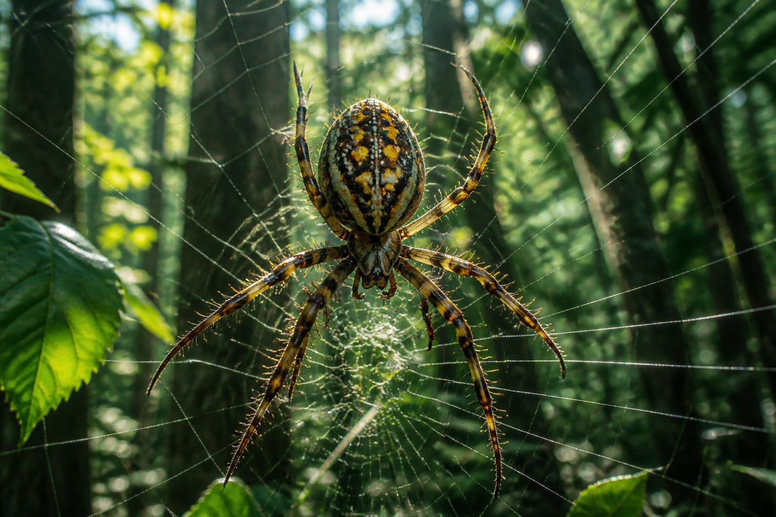 Close-up of a large orb weaver spider on its web in a forest setting with sunlight filtering through the leaves.