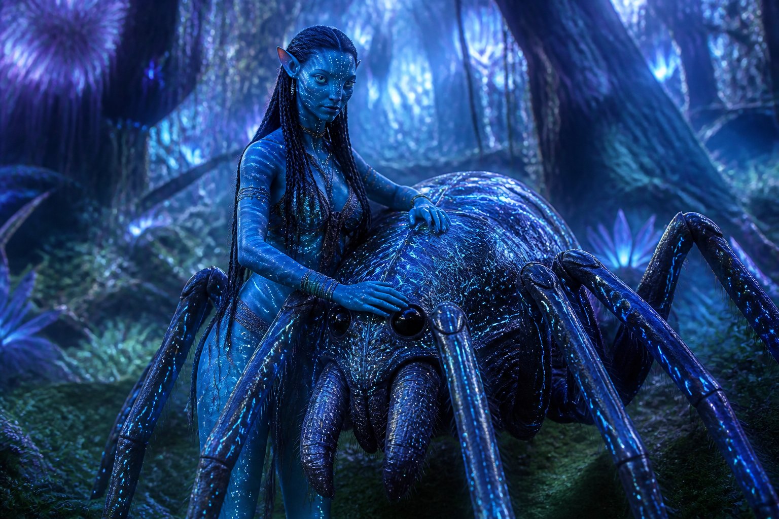 A blue-skinned female figure stands protectively beside a large glowing spider-like creature in a vibrant alien forest.