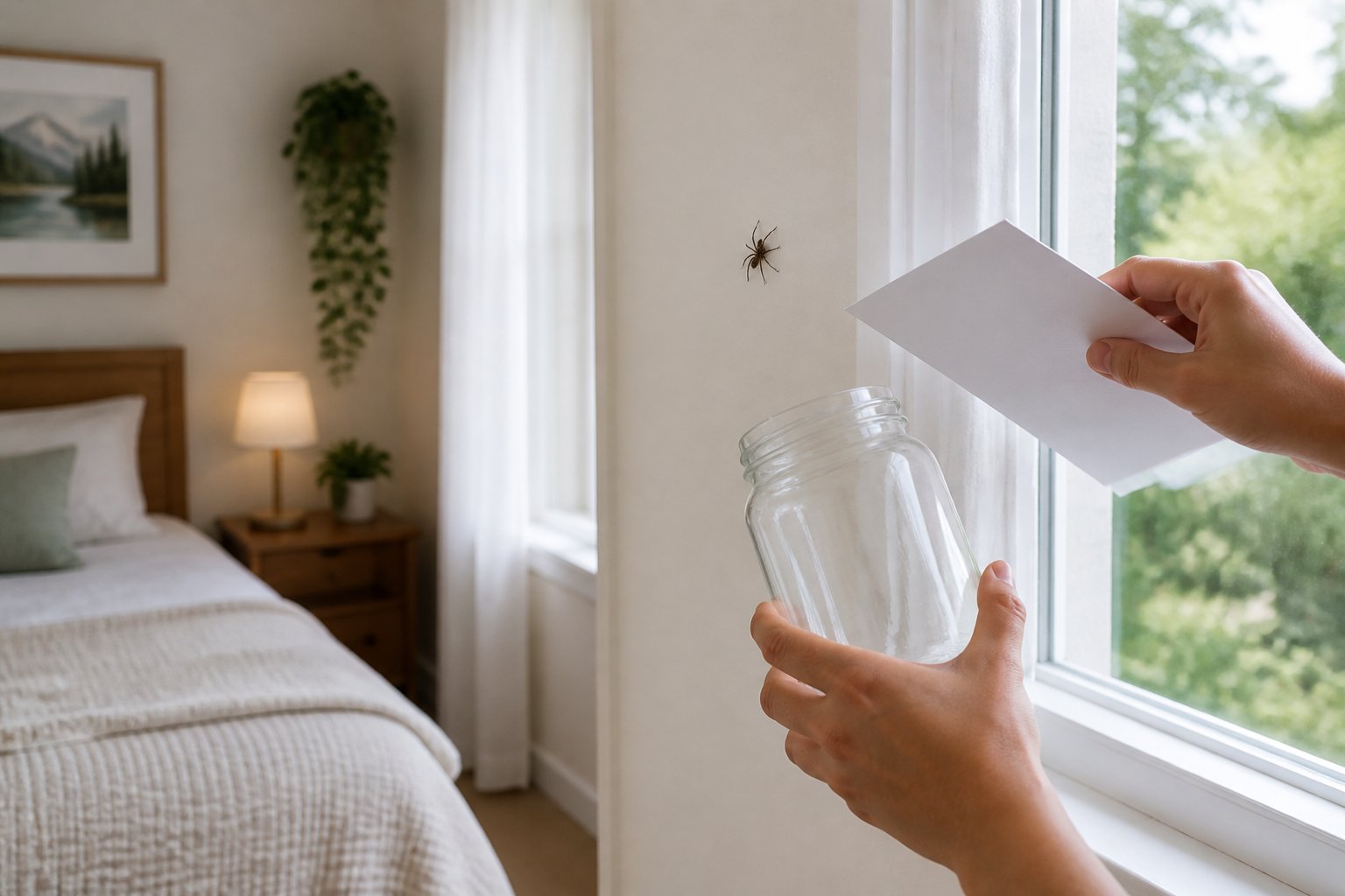 A person gently capturing a small spider on a bedroom wall using a glass jar and paper, with natural light coming through a window.