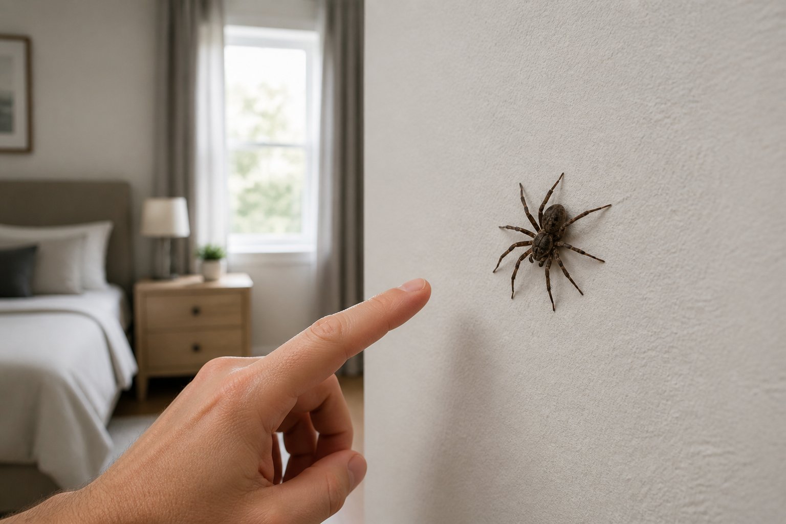 A person closely observing a spider on a bedroom wall with a bed and window in the background.