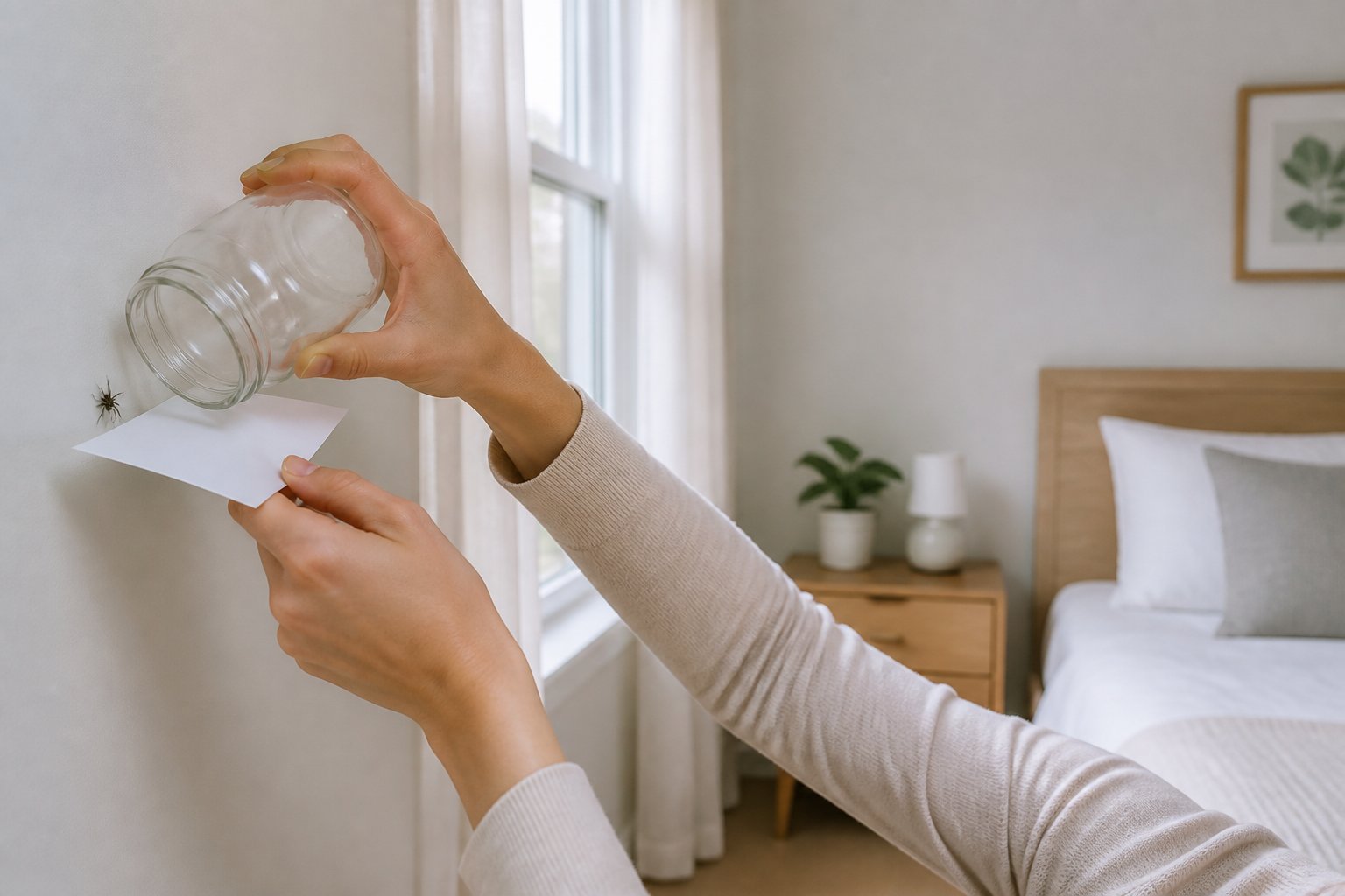 A person gently trapping a small spider on a bedroom wall using a glass jar and paper.
