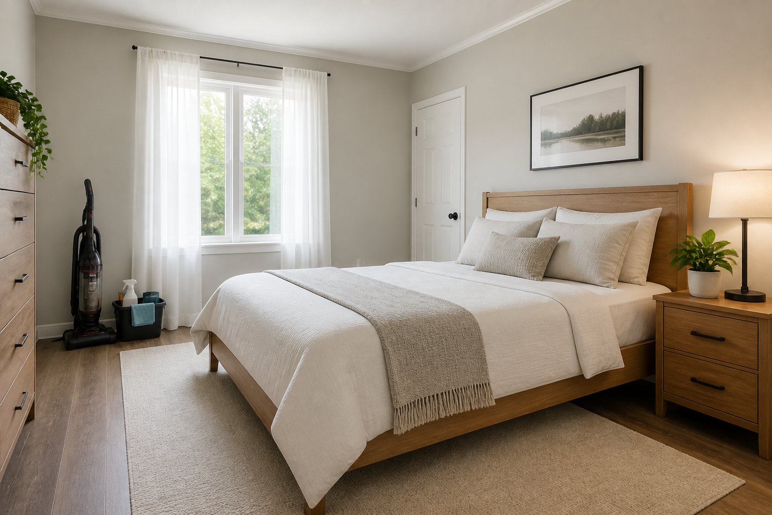 A clean, tidy bedroom with a made bed, a small plant on a nightstand, and natural light coming through a window.