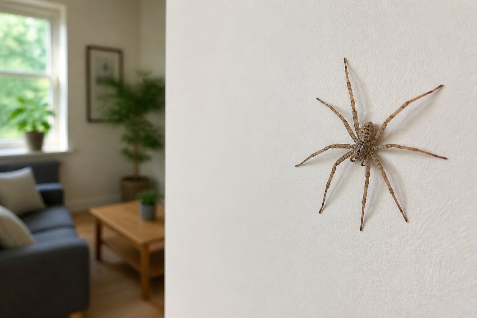 A close-up of a spider resting on a white wall inside a bright, modern living room.