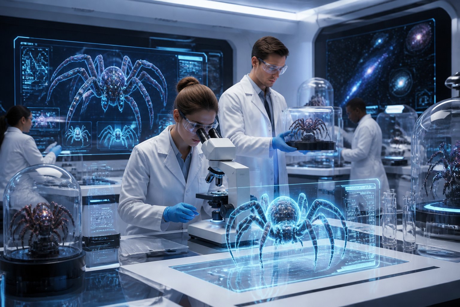 Scientists in a modern laboratory examining spider-like alien specimens with advanced equipment and holographic displays.