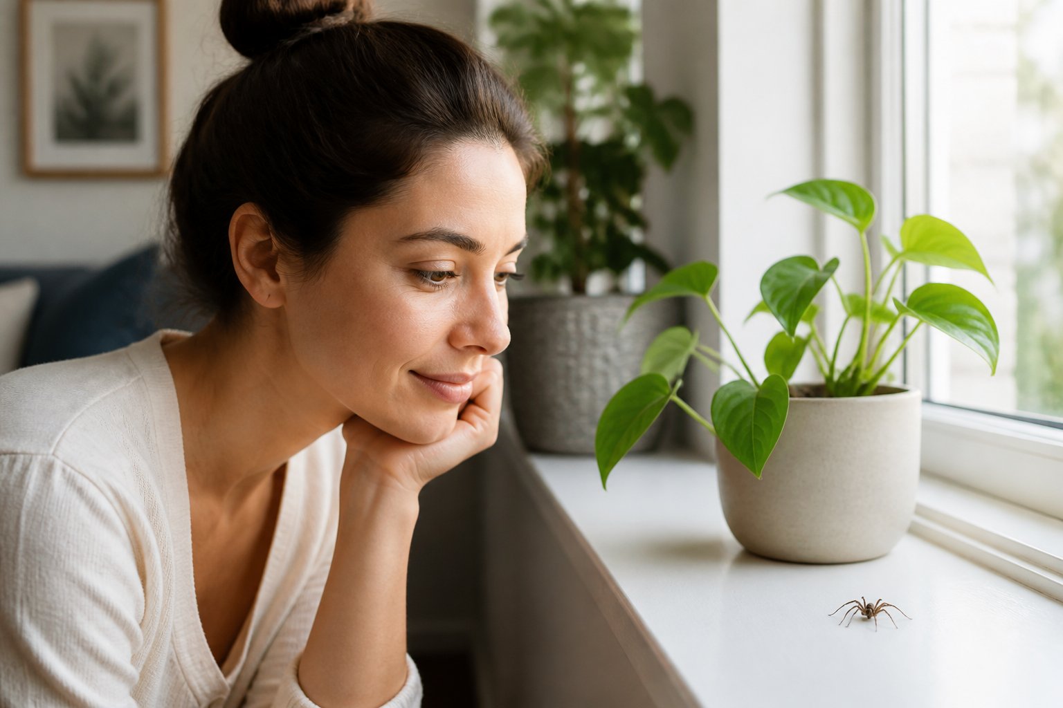 A person calmly looking at a small spider resting on a windowsill in a bright living room.