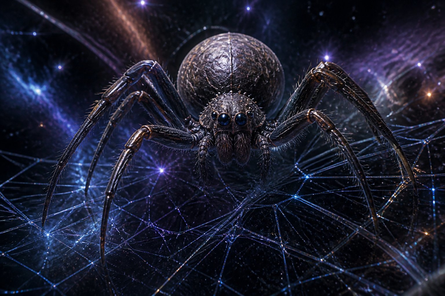 A close-up of a large spider on a glowing, intricate web with a dark cosmic background.