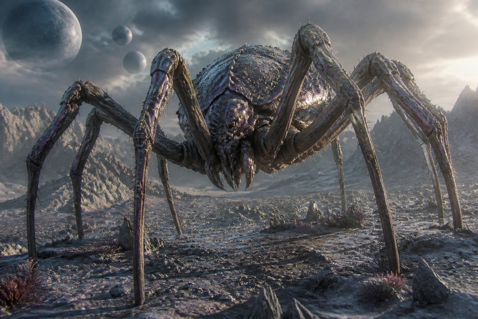 A large alien spider-like creature with long legs stands on a rocky extraterrestrial landscape with multiple moons visible in the sky.