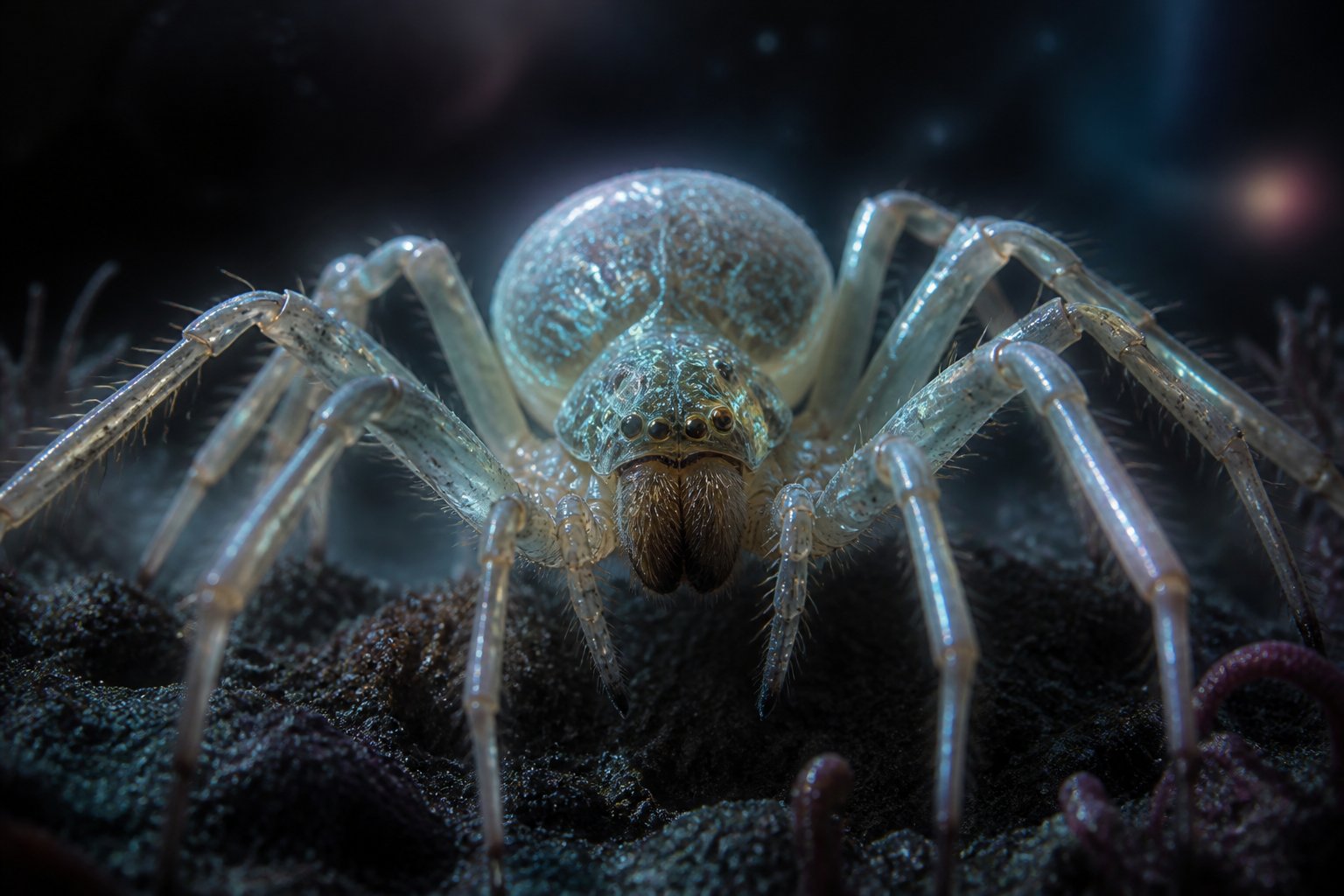 Close-up of a spider with glowing patterns on its body, sitting on a dark surface with mist and faint cosmic background elements.