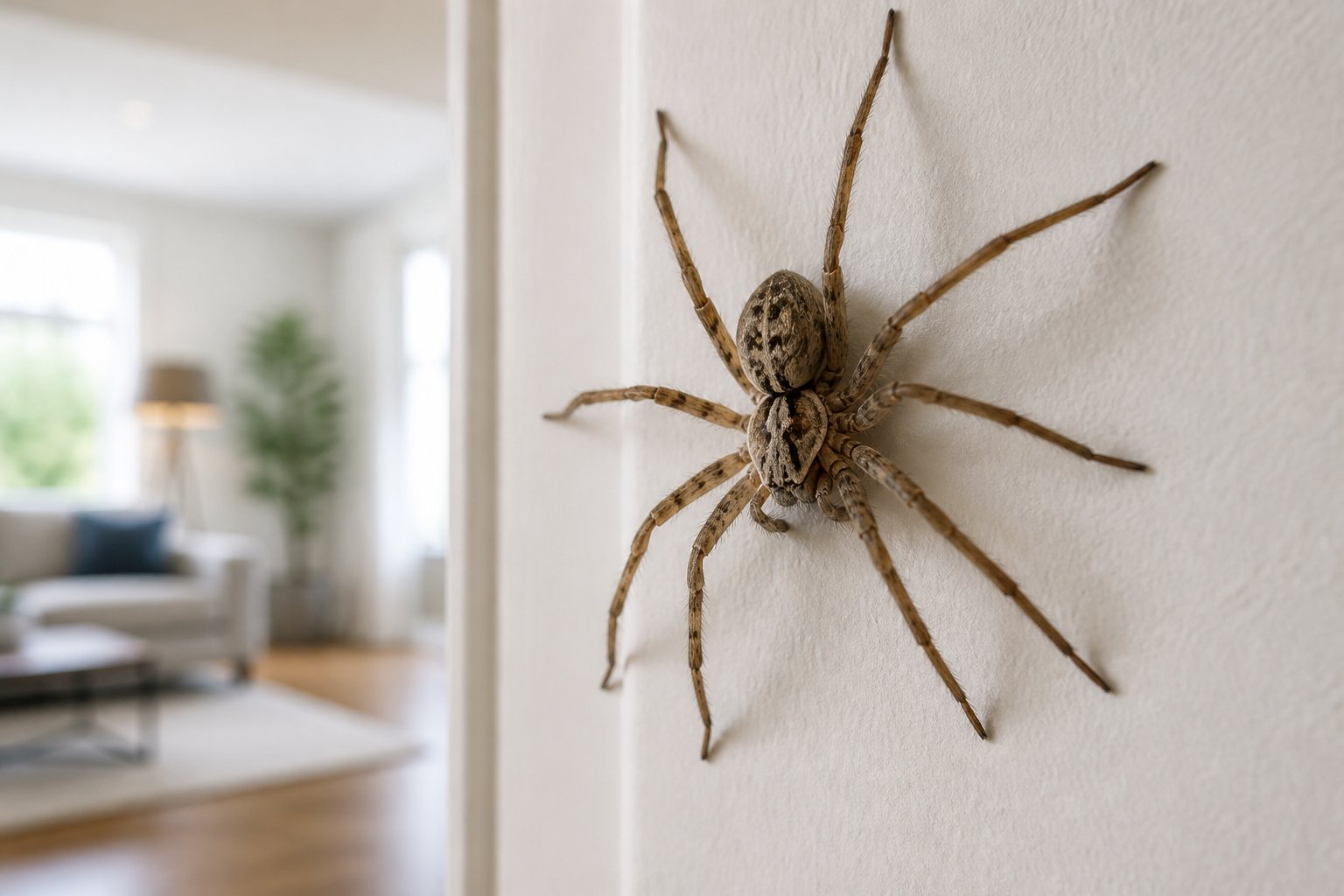 Close-up of a common house spider on a white wall corner inside a modern home.