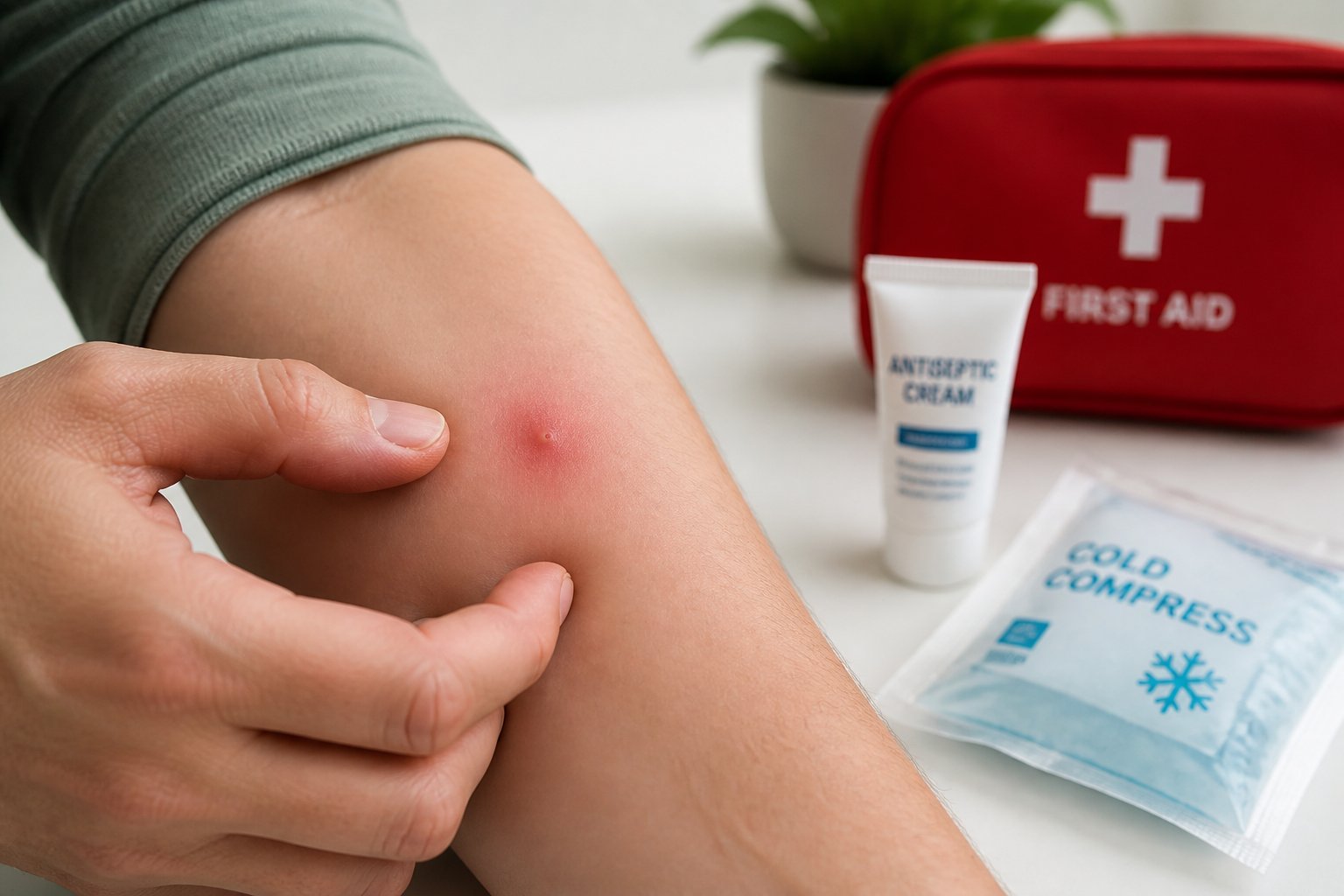 A person examining a red bite mark on their forearm with a first aid kit nearby.