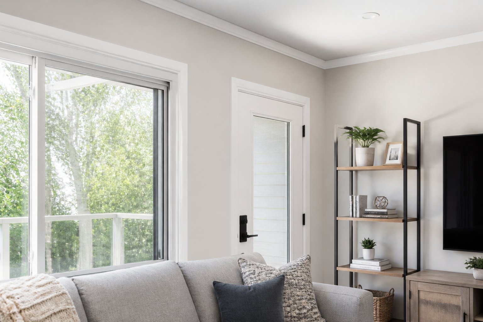 A bright, clean living room with large windows and sealed screens, showing a tidy home environment with no visible spiders.