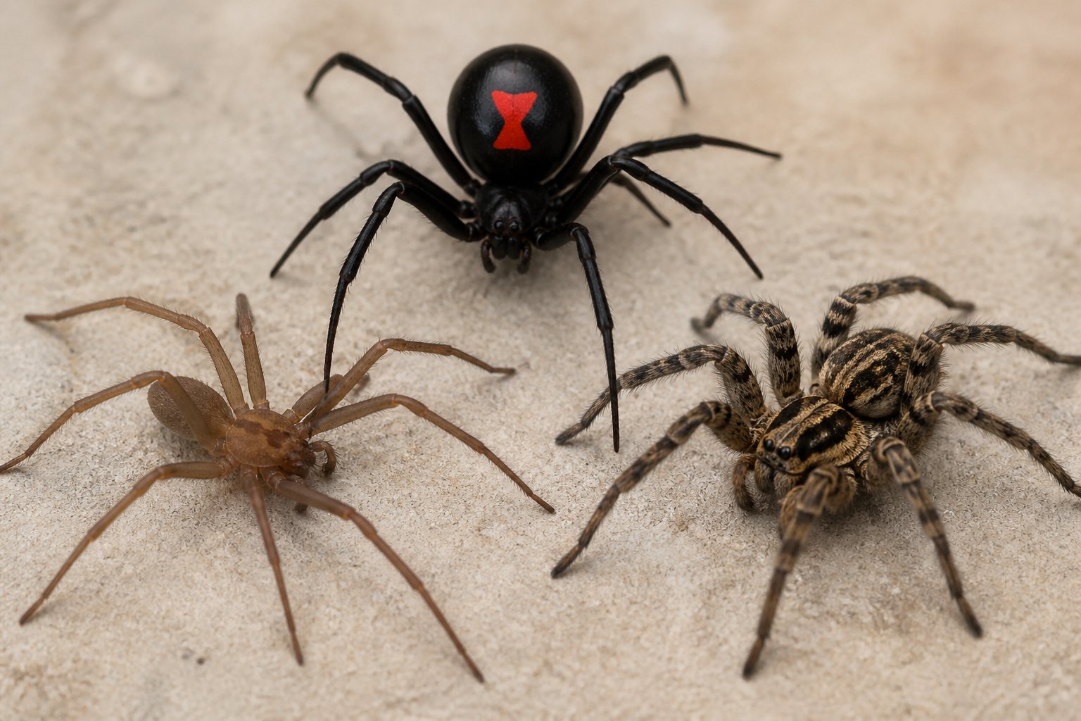 Close-up image of several spiders including a black widow, brown recluse, and wolf spider on a neutral background.
