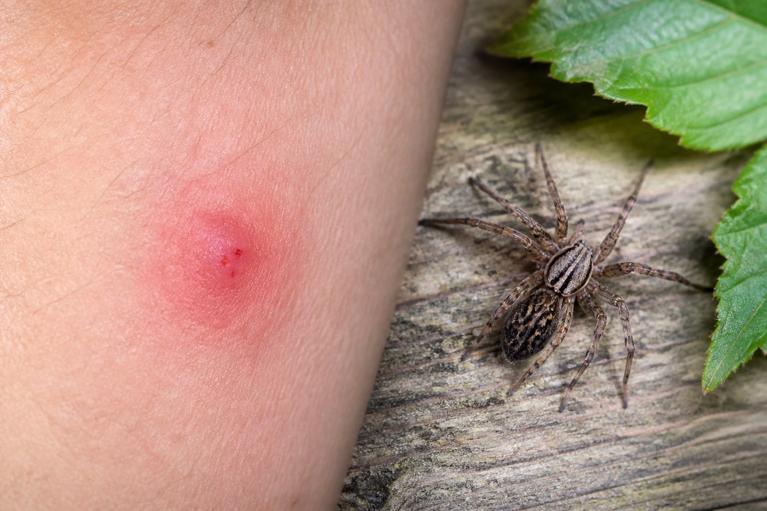 Close-up of a human arm with a visible spider bite and a spider nearby on a natural surface.