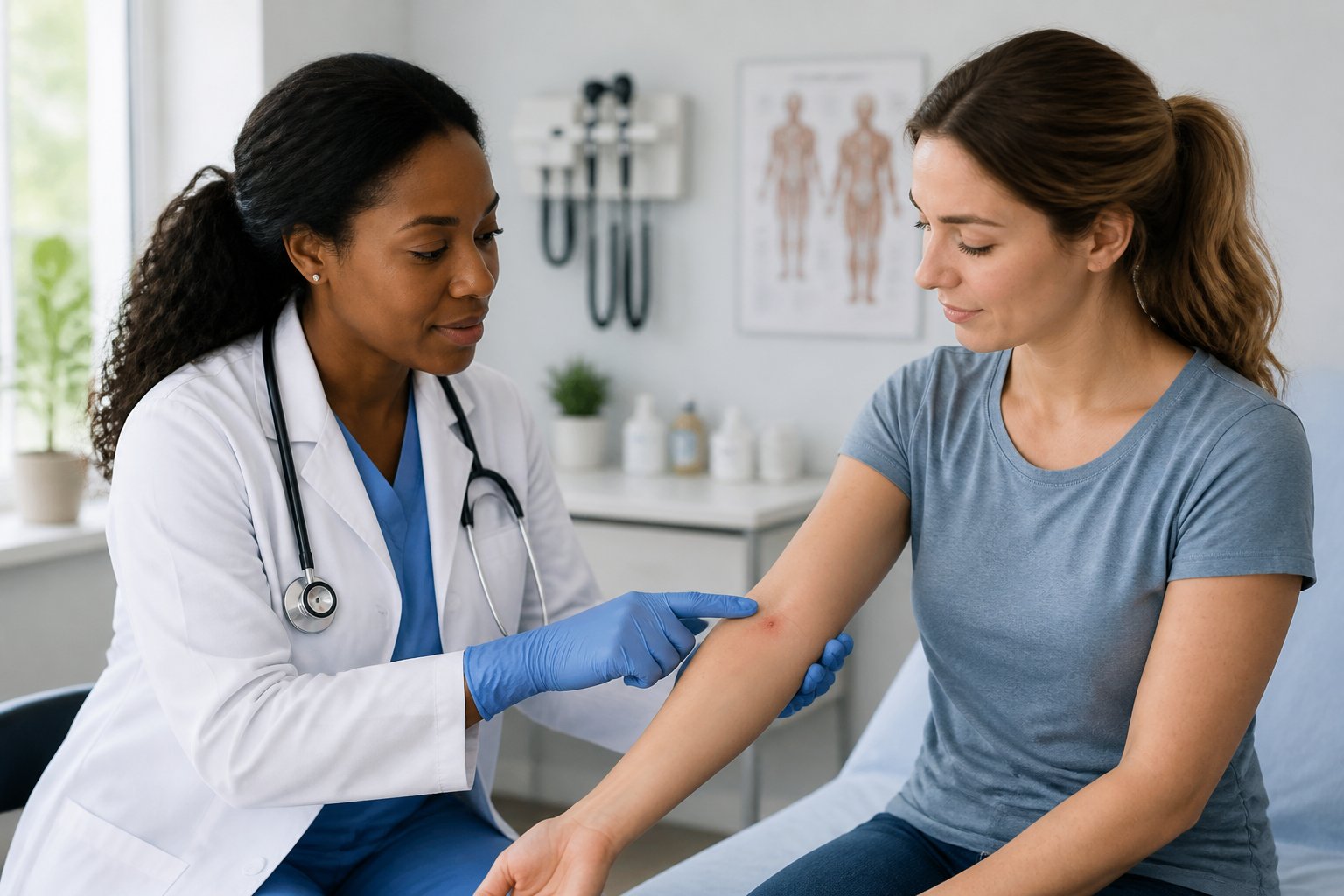 A healthcare professional examining a patient's arm with a spider bite in a medical office.