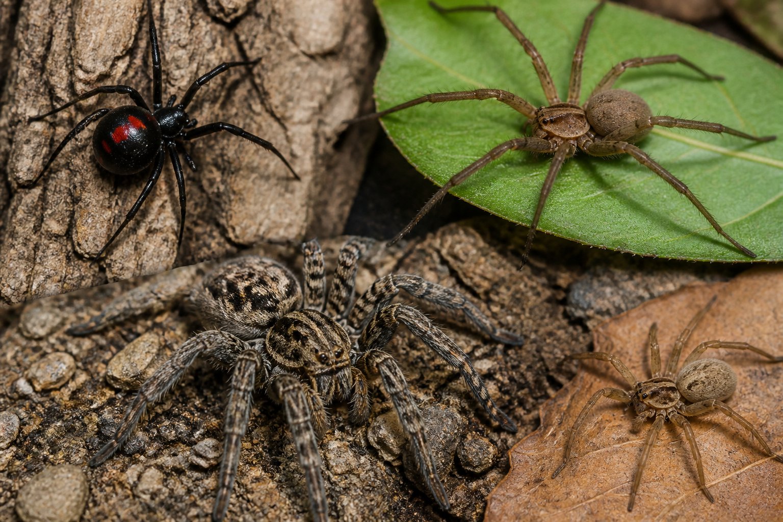 Close-up view of several common spiders known to bite, resting on natural surfaces like leaves and bark.