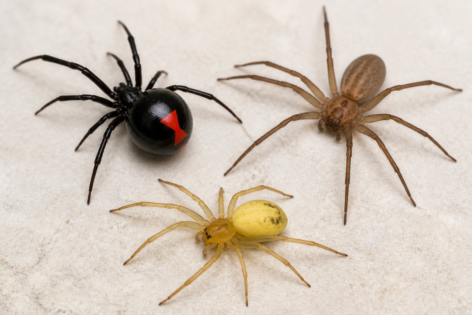 Close-up view of three venomous spiders found in the United States, including a black widow, brown recluse, and yellow sac spider, on a plain background.