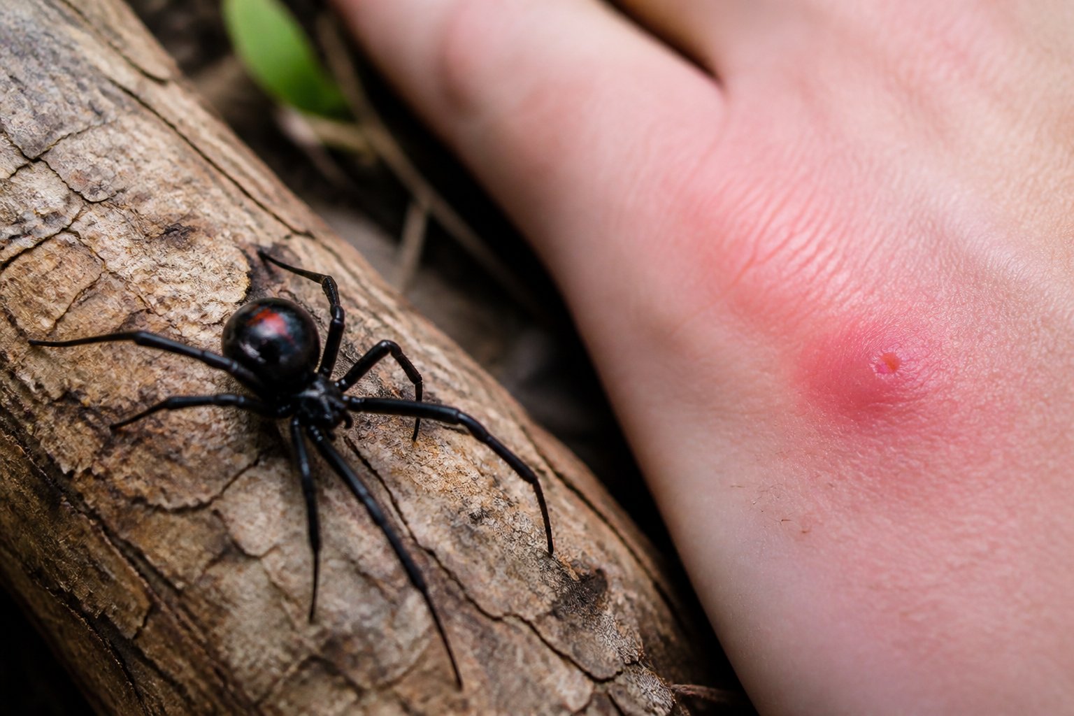 Close-up of a venomous spider on a leaf with a human arm showing redness and swelling from a bite.