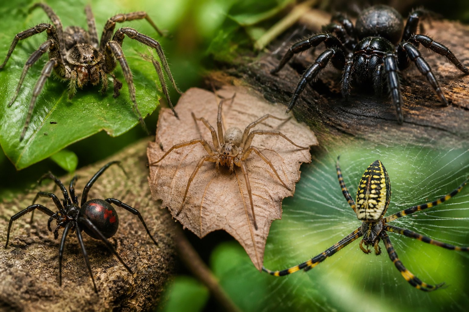 Close-up view of several venomous spiders from different regions outside the United States on natural foliage.