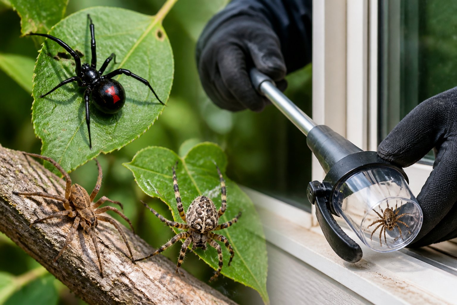 Close-up of venomous spiders on leaves with gloved hands using a spider catcher tool outdoors near a window.