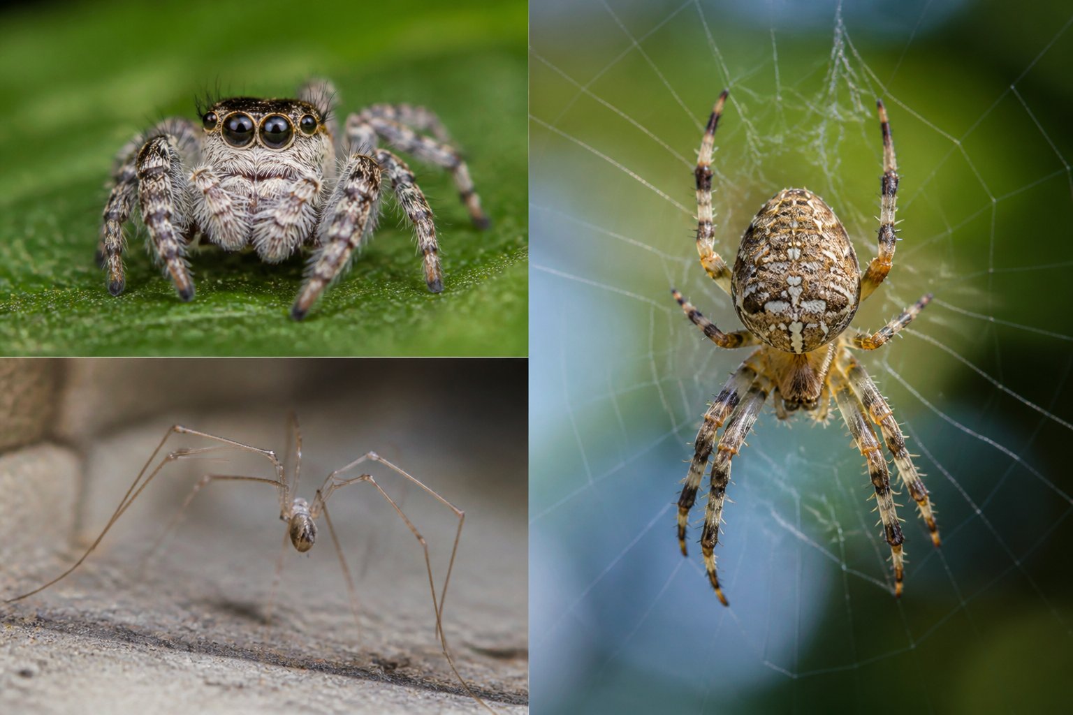 Close-up of several non-threatening spiders on natural surfaces and webs.