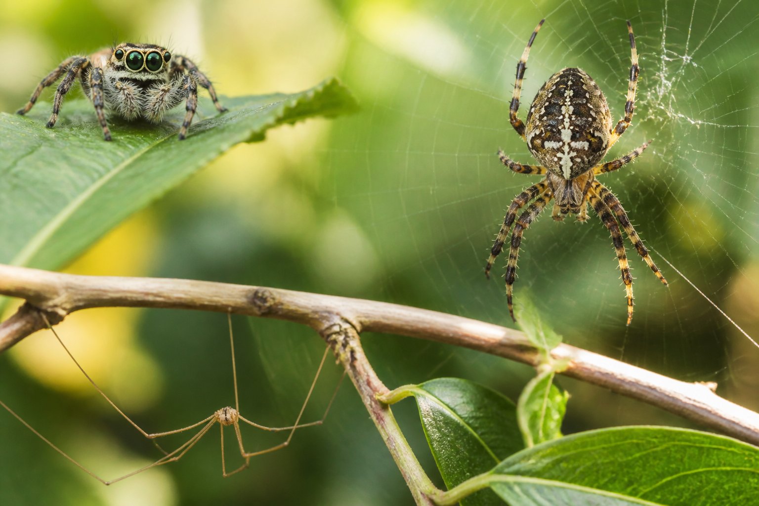 Close-up view of several small spiders on green leaves and branches in a garden.
