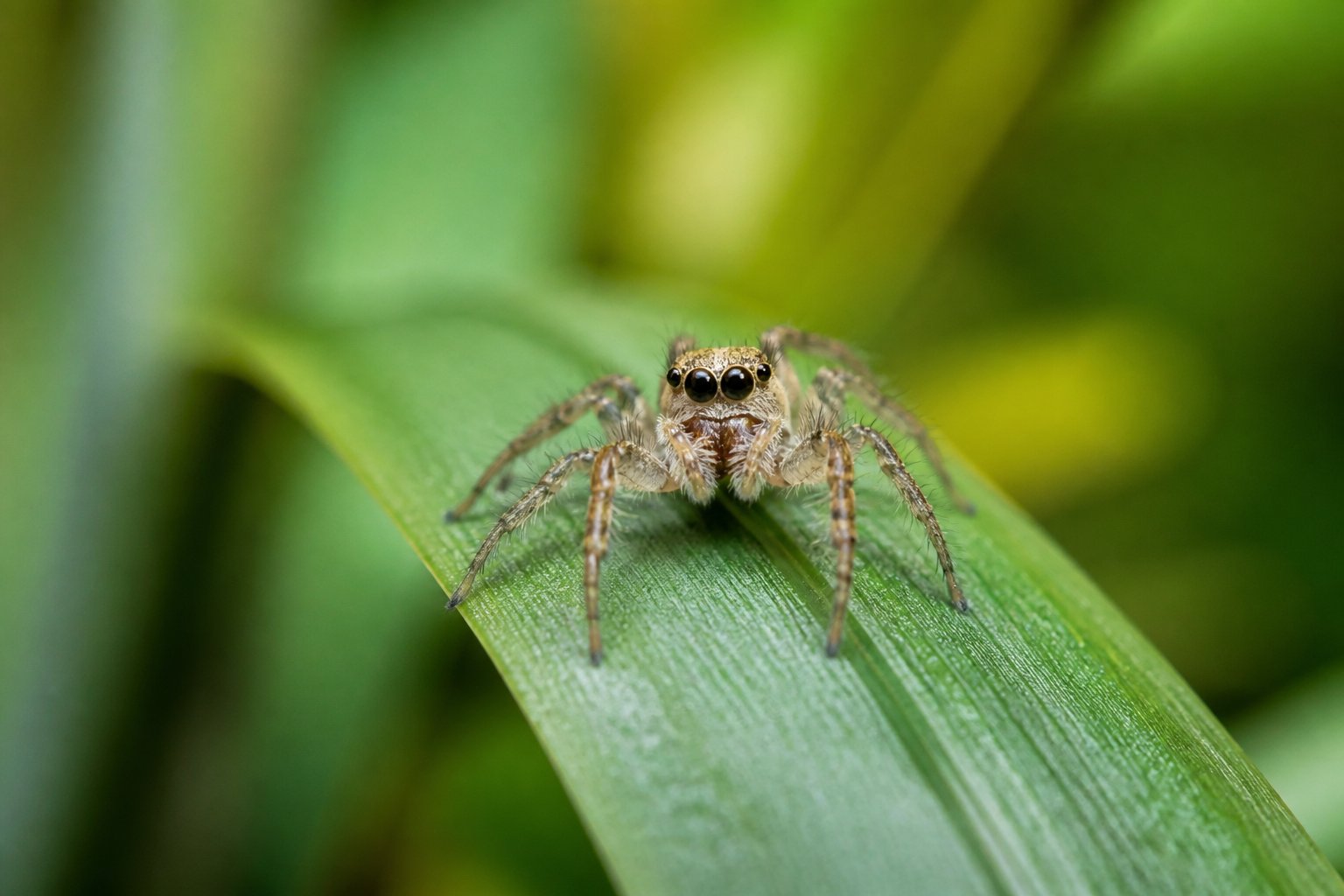 A close-up of a small, harmless spider sitting on a green leaf outdoors.