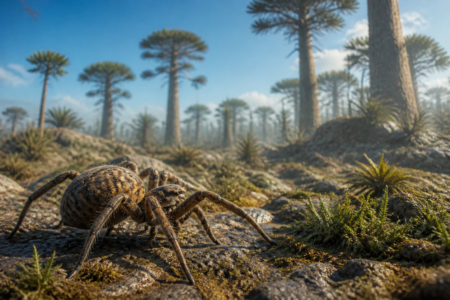 A large spider on rocky ground with early plants and tall primitive trees in the background under a clear sky.