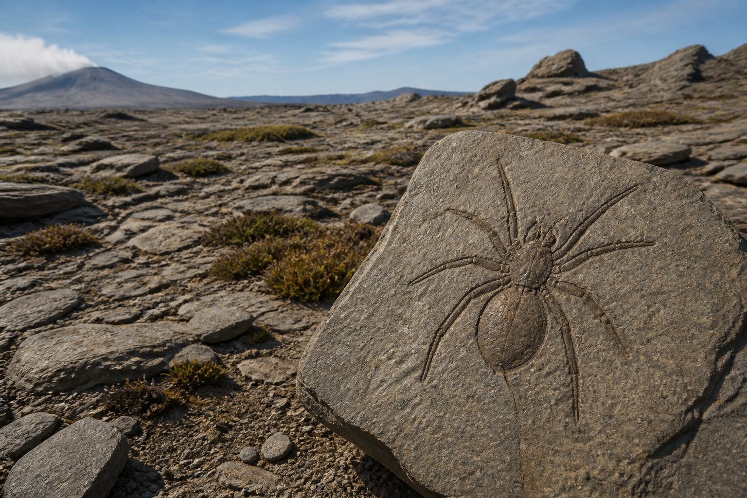 A spider fossil embedded in sedimentary rock in a prehistoric landscape with rocky terrain and low plants, no trees visible.