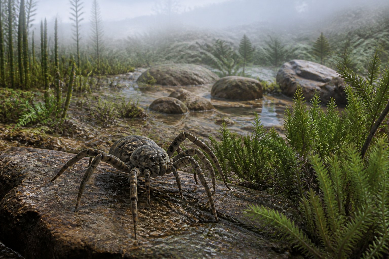 An ancient spider-like arthropod on the ground among early land plants and mosses in a prehistoric landscape without tall trees.