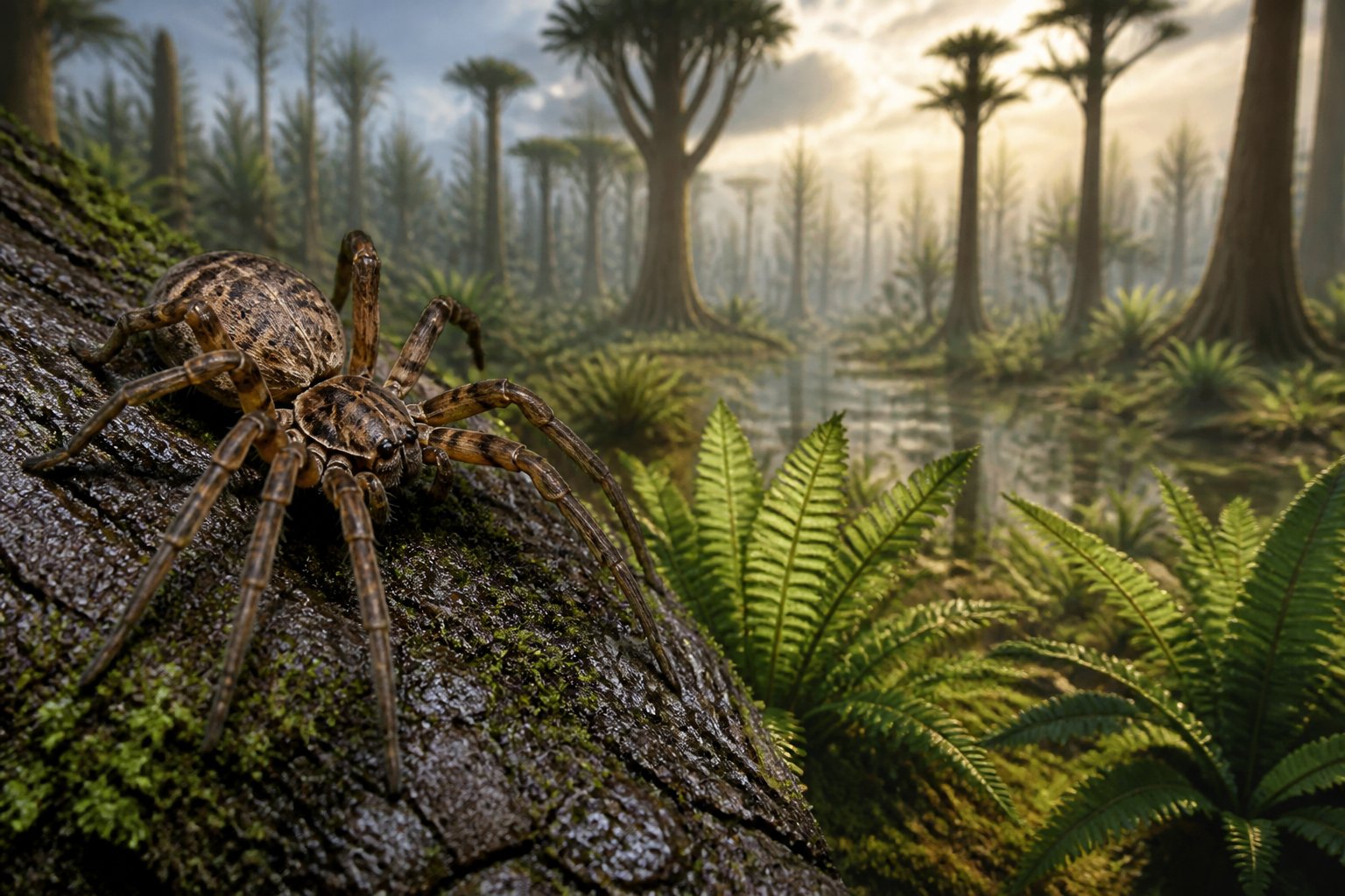A large spider crawling on a rock in a prehistoric forest with early trees and ferns in the background.