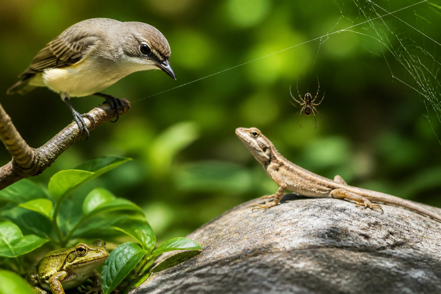 A bird on a branch near a spider web, with a lizard on a rock and a frog near leaves, all in a natural green environment.