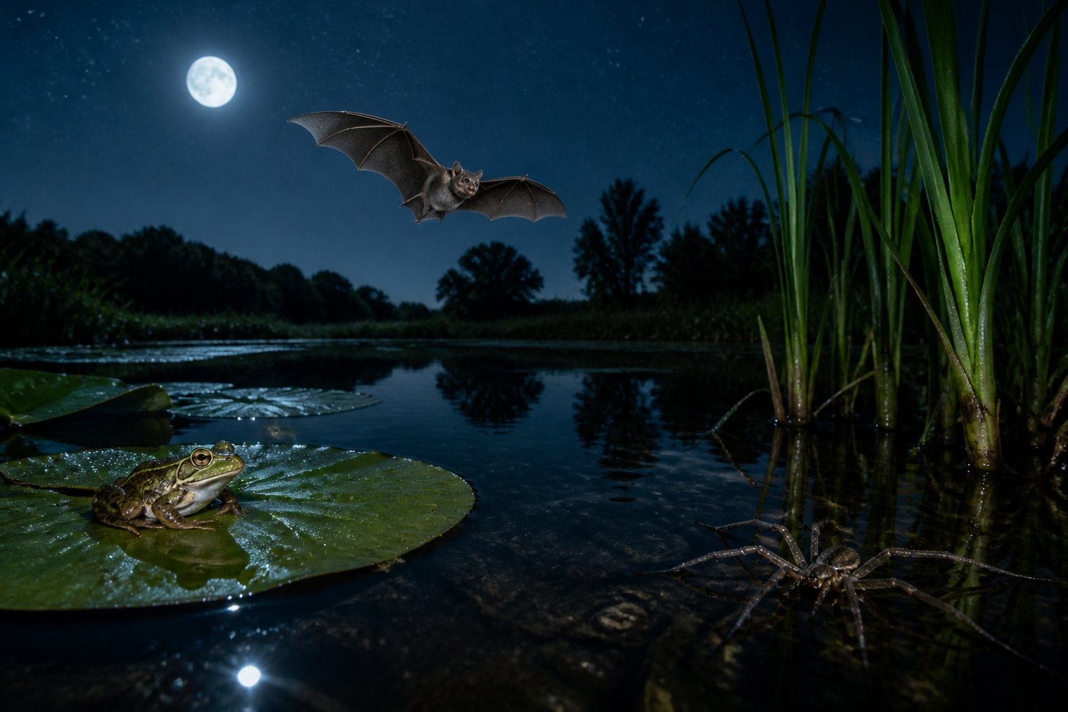 Nighttime scene by water showing a bat flying, a frog on a lily pad, and a fishing spider near the water's edge.