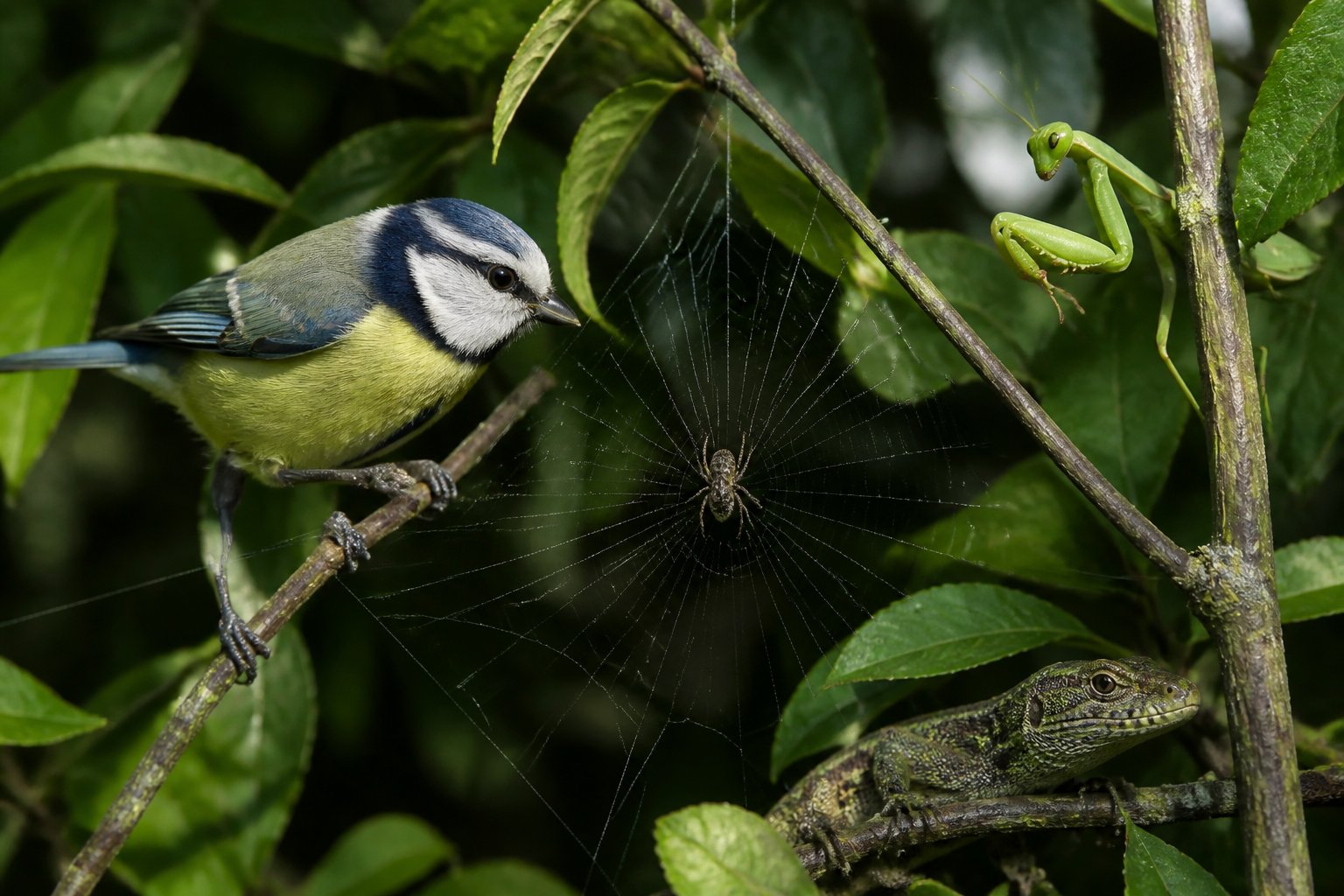 A close-up of a spider web with a small bird nearby and a praying mantis on a branch in a green natural setting.