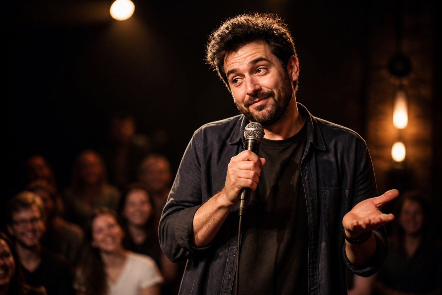 A male comedian performing on stage, holding a microphone and smiling as he tells a joke.