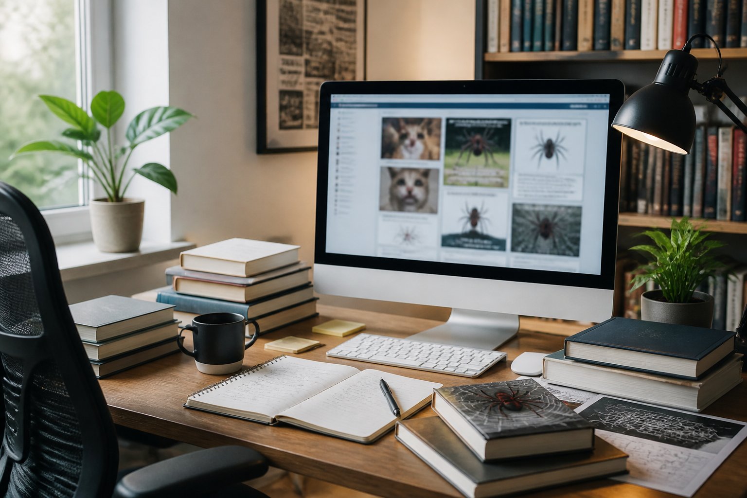 A modern workspace with a computer, books, and a coffee cup in a cozy office setting.
