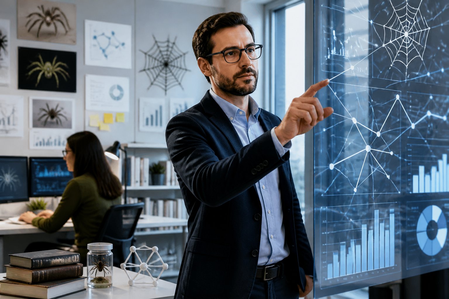 A business professional pointing at a transparent screen showing spider web-like network graphs in a modern office with computers and charts in the background.