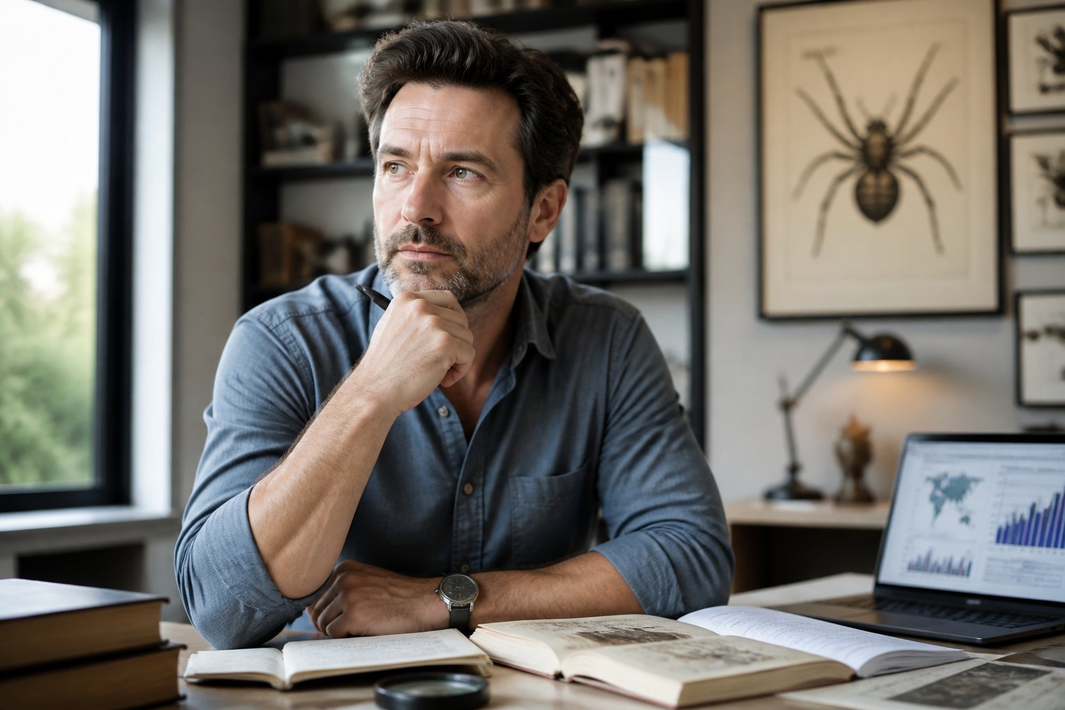 A man sitting at a desk in an office, looking thoughtfully at an open book with a vintage spider illustration nearby.