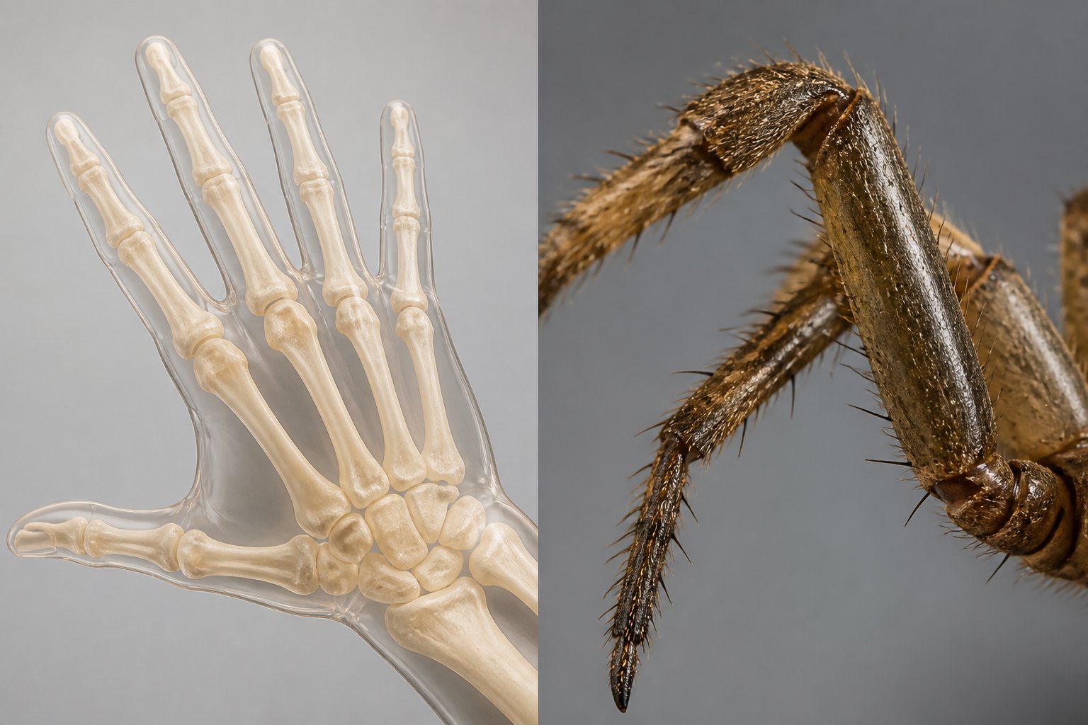 Close-up comparison of a vertebrate limb showing bones and a spider's leg showing its exoskeleton side by side.
