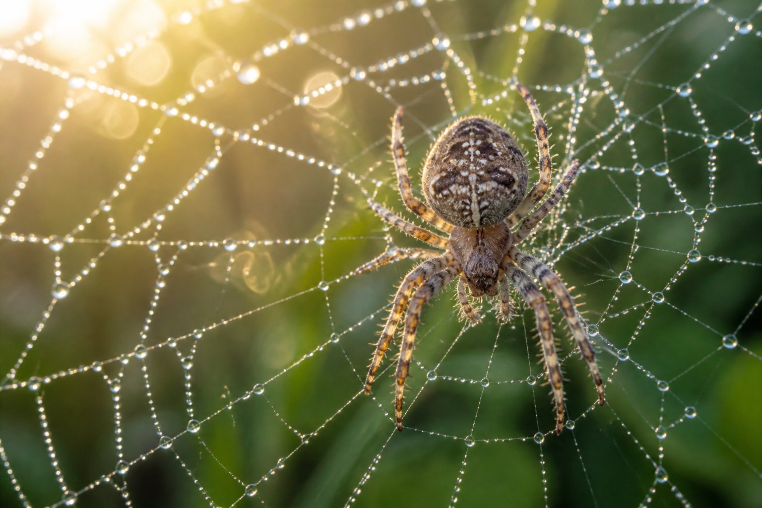 A close-up of a spider on its web with dewdrops in a natural green environment.