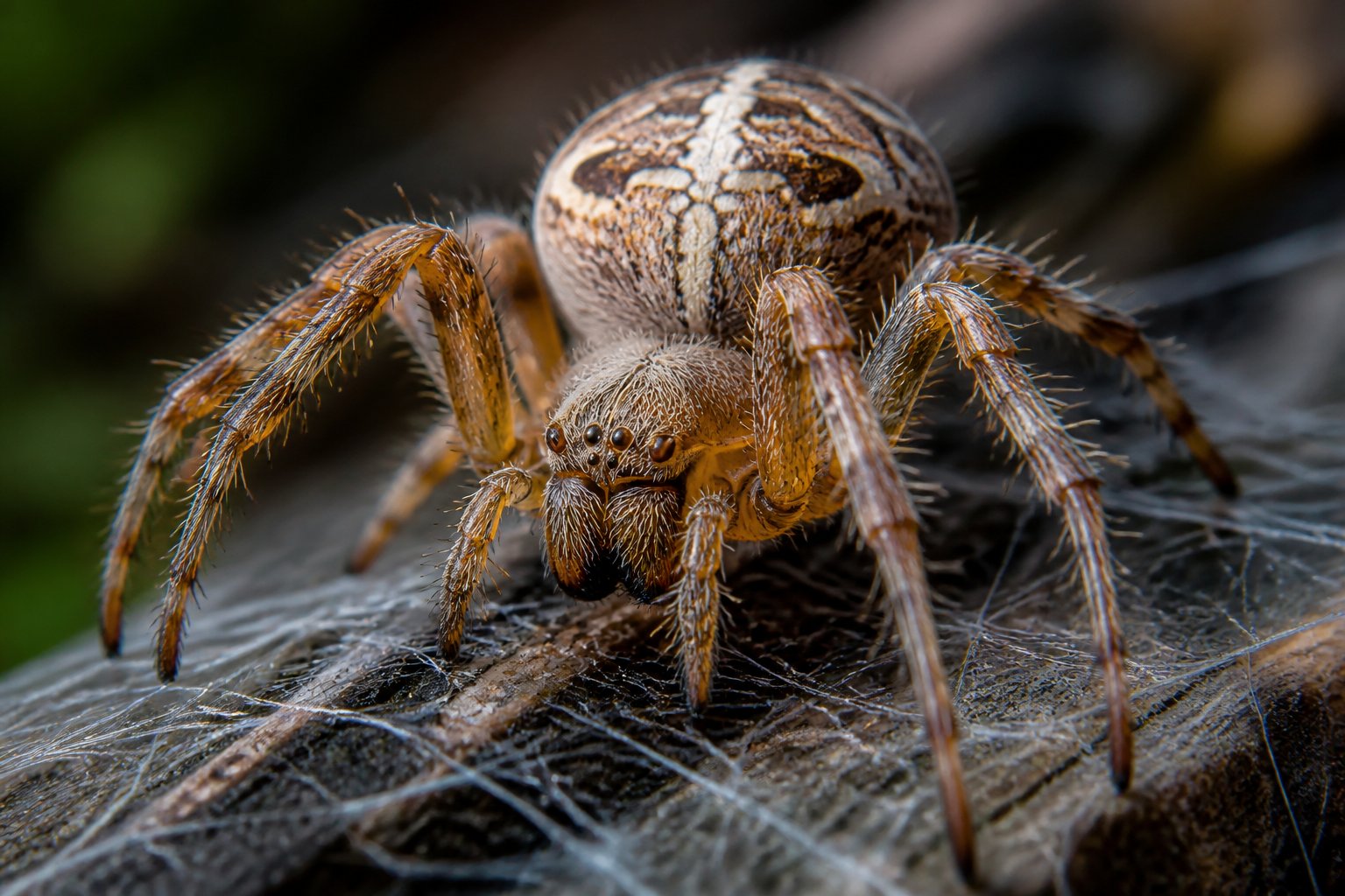 Close-up of a spider on a web showing detailed body features and legs without bones.