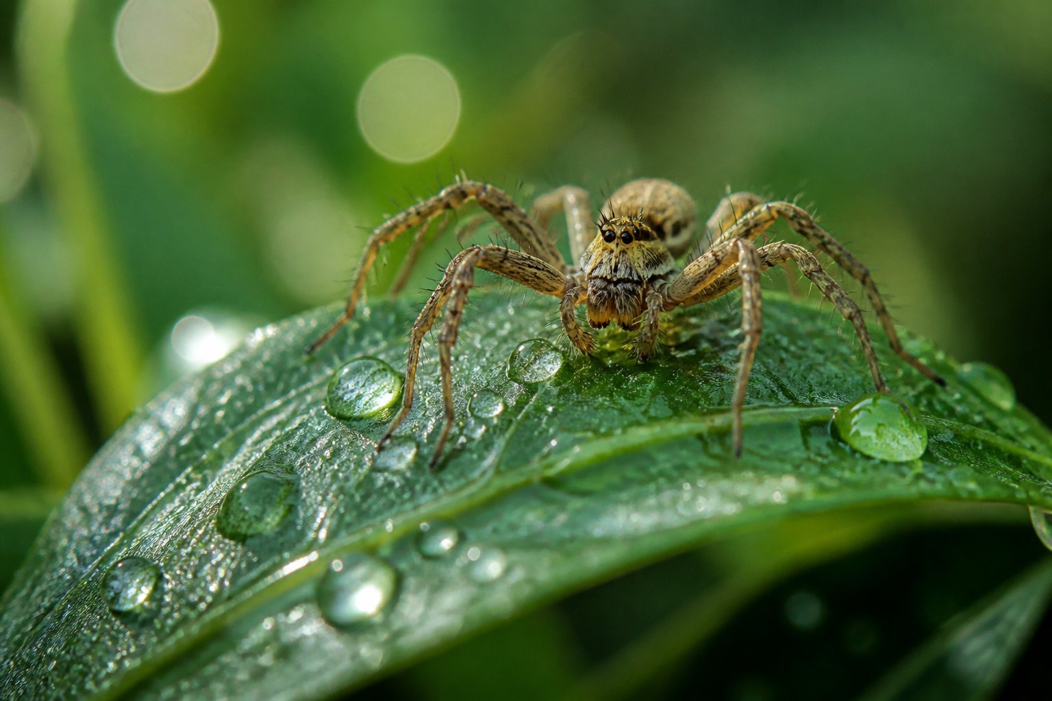 Close-up of a spider on a green leaf with dew drops in a natural outdoor setting.