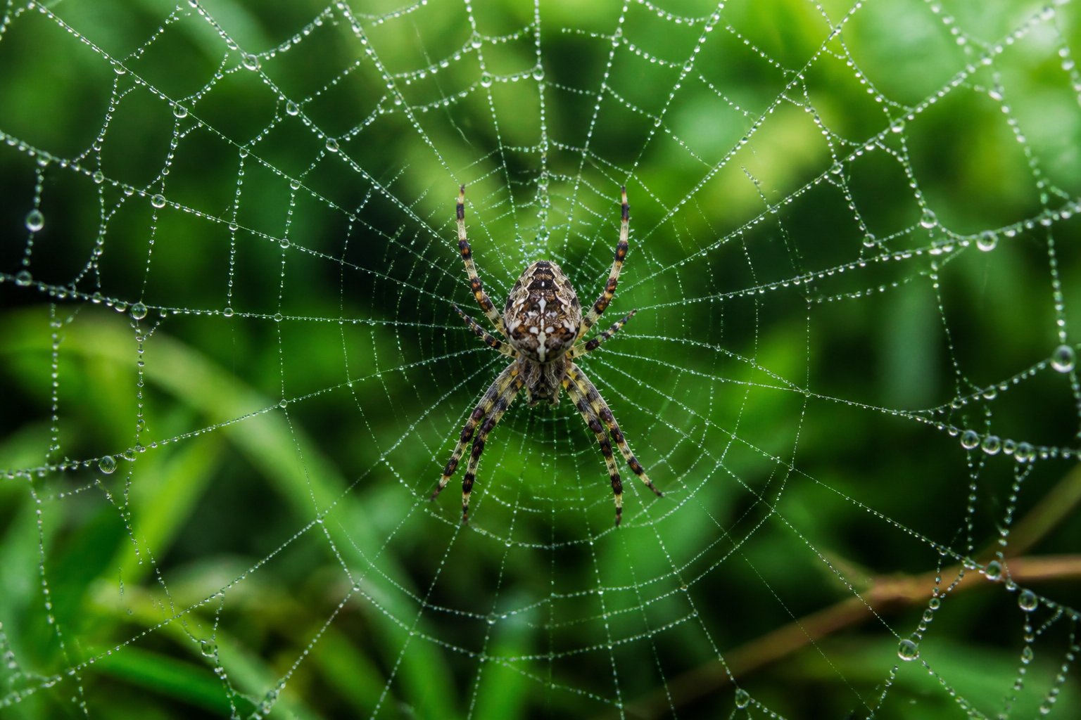 Close-up of a spider sitting in the center of a detailed spider web with dew drops in a green natural background.