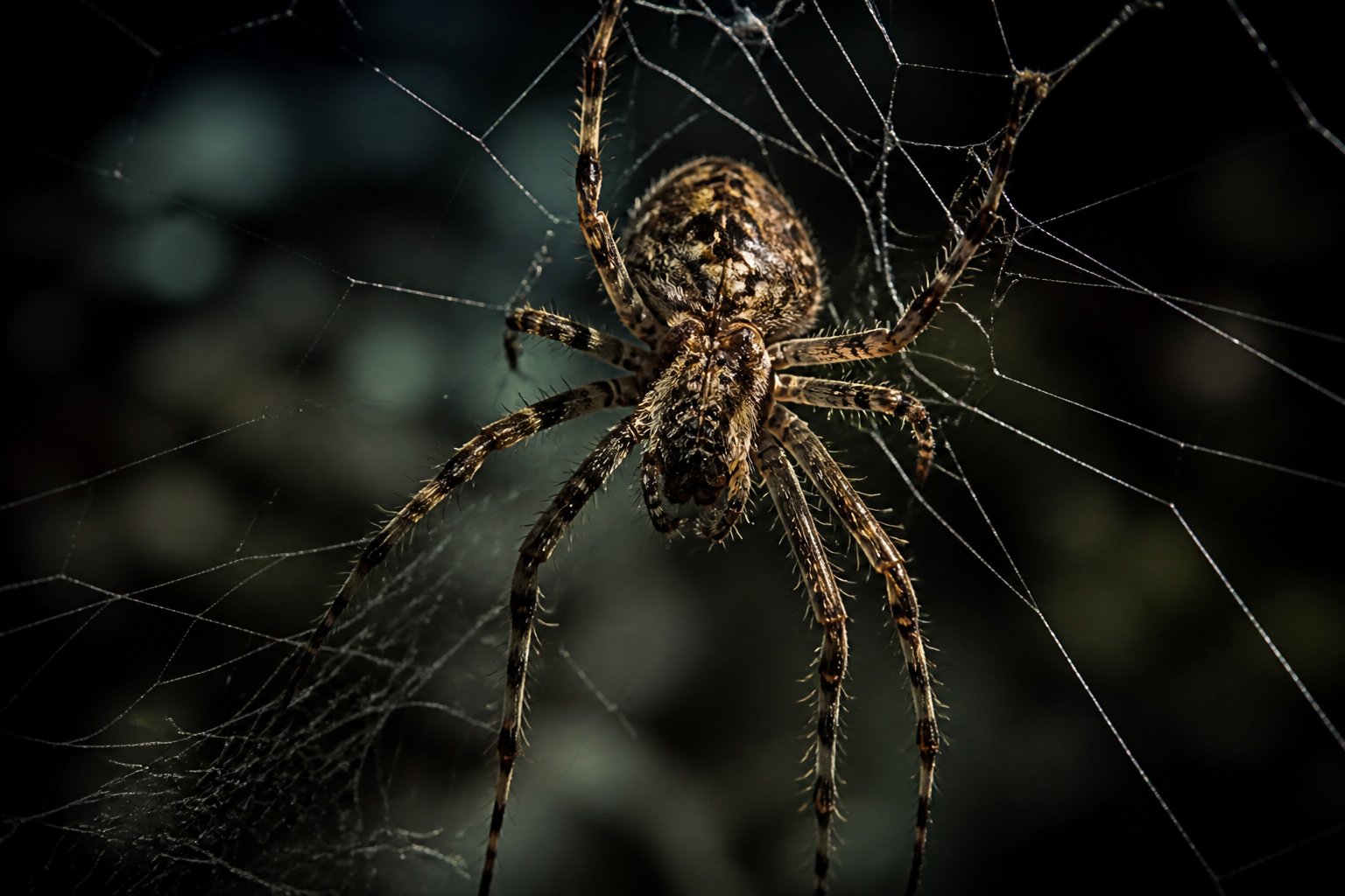 Close-up of a large spider sitting on its web in a dark, mysterious setting.