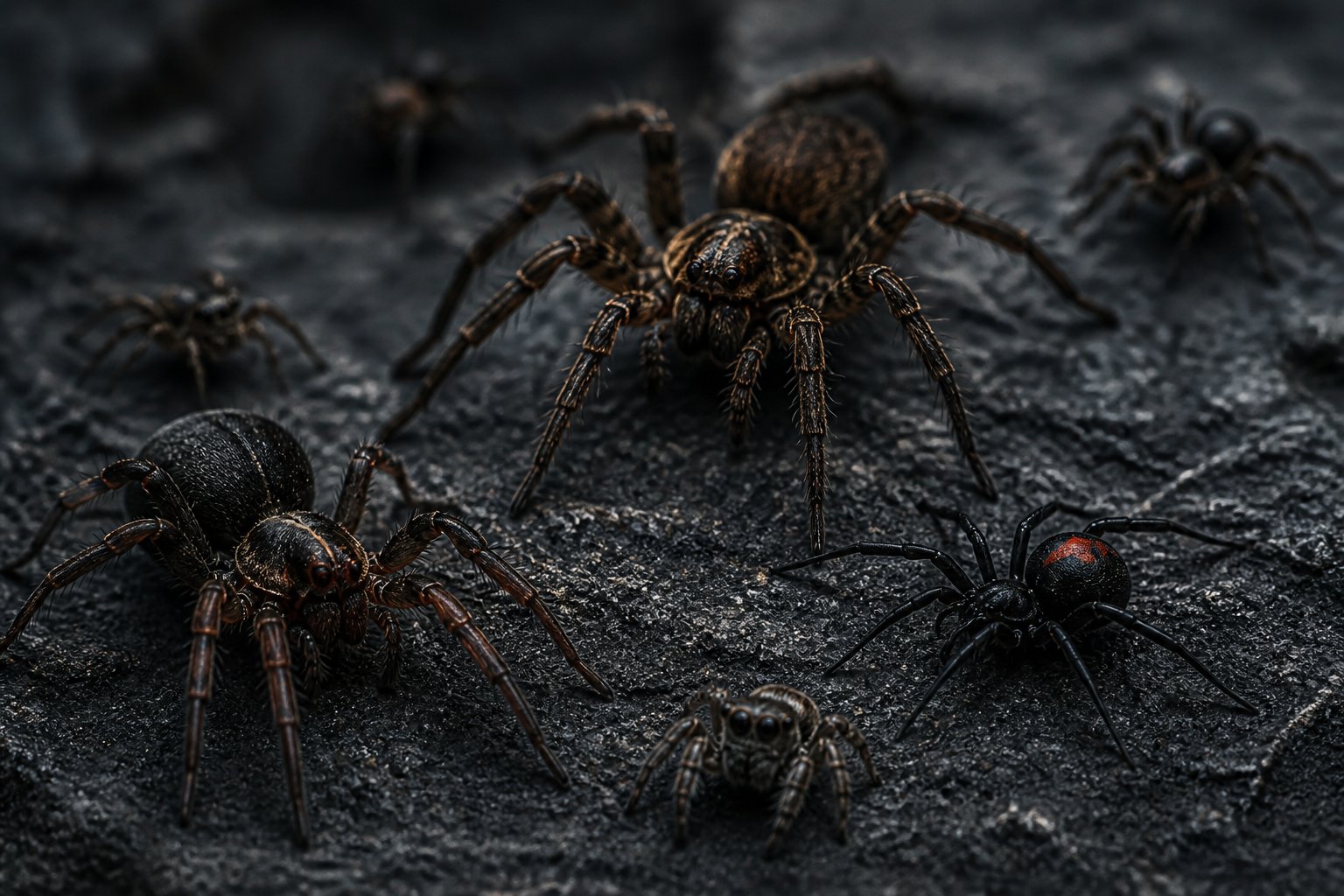 Close-up of several spiders crawling on a dark surface with moody lighting.