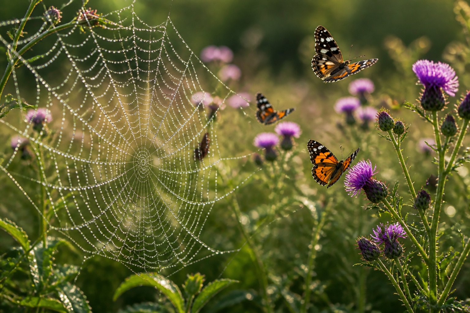 A close-up of a spider web with dew drops in a green meadow, surrounded by colorful butterflies flying near wildflowers.