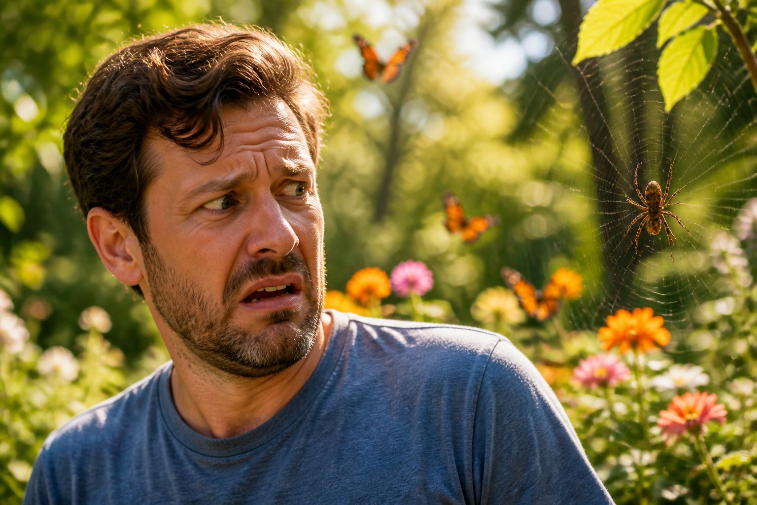 A man looking surprised and frustrated while noticing a spider on its web near colorful butterflies in a sunny outdoor garden.