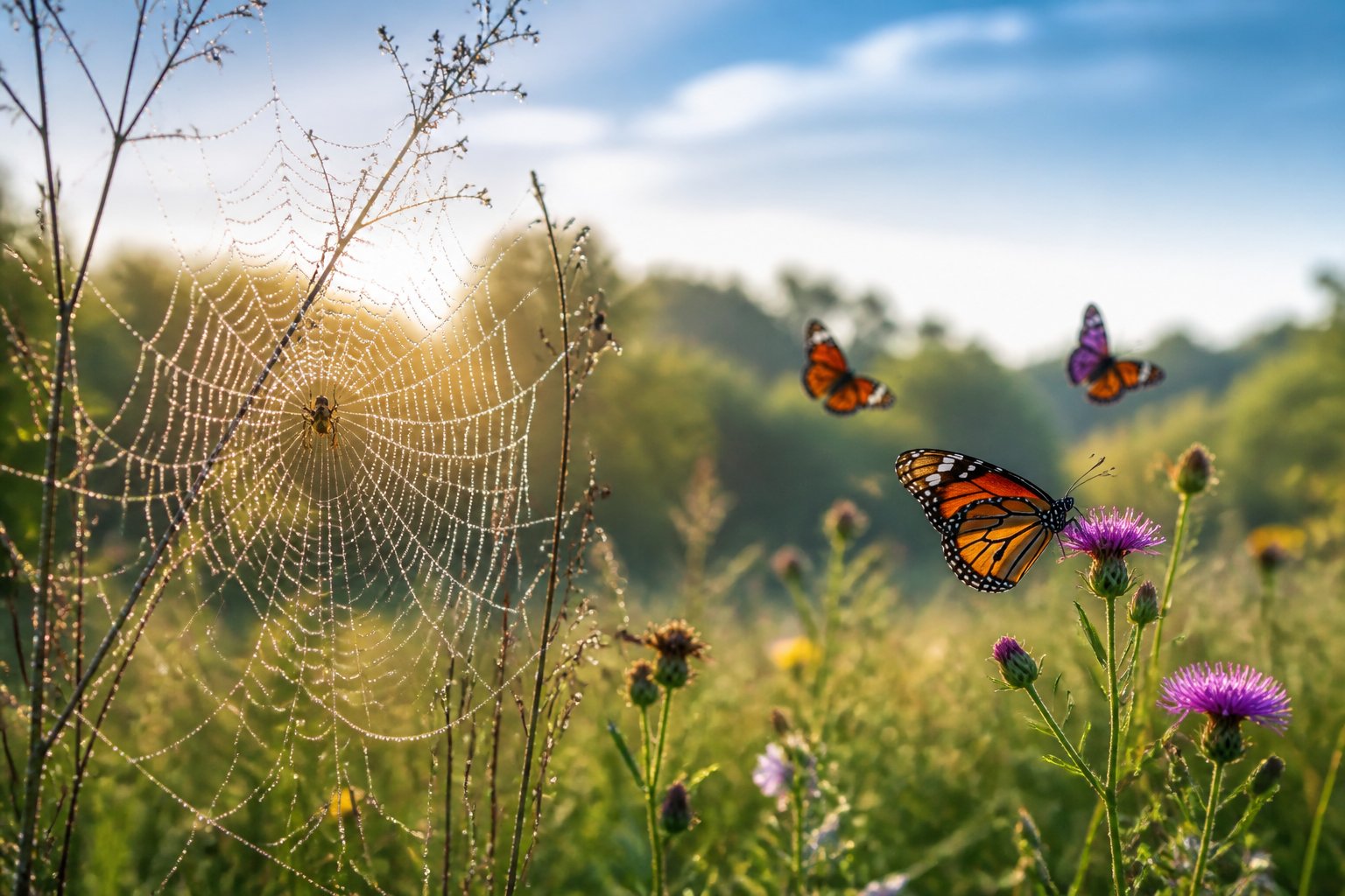A close-up of a spider on its web near colorful butterflies flying around wildflowers in a green meadow.